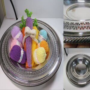 Wm. Rogers Silver plated Bowl Pierced 2 inch rim 1960s w Spring Easter Hand Knit